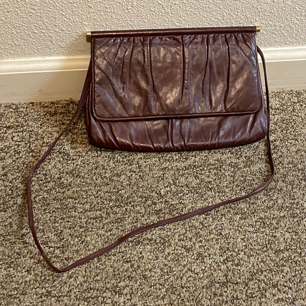 VTG,Elegant Fold-Over Leather Clutch in Deep Brown Burgundy